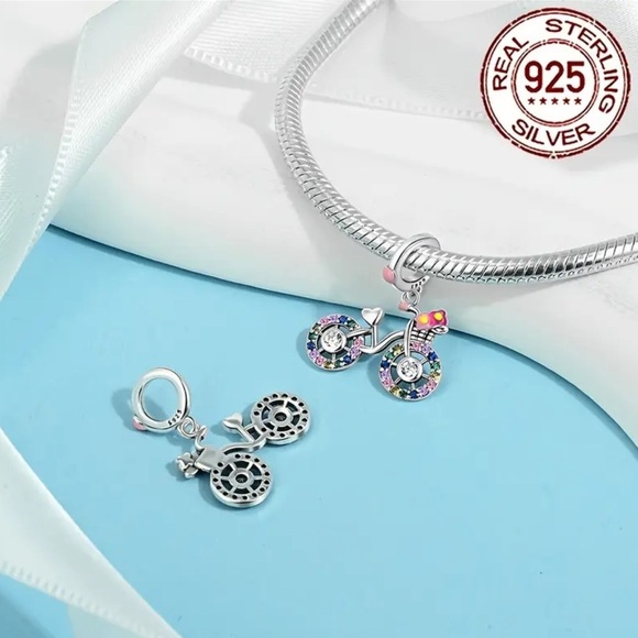 925 Sterling Silver & Colorful Cubic Zirconia Bicycle Charm/Pendant - NWT - Picture 6 of 7